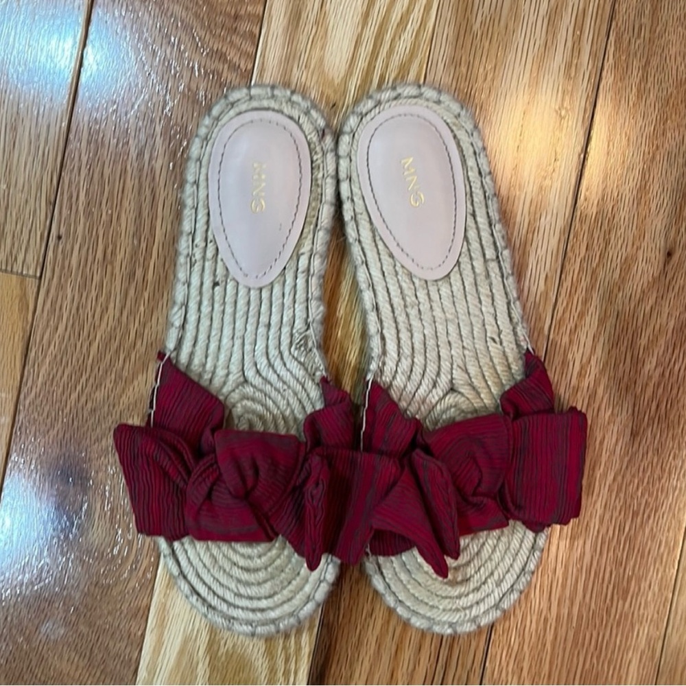 Mango Red Ruffled Espadrille Slide Sandals